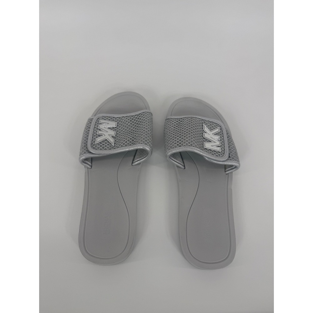 Michael Kors Silver Mesh‎ Slide Sandals Womens 10M MK Logo Adjustable RX20C